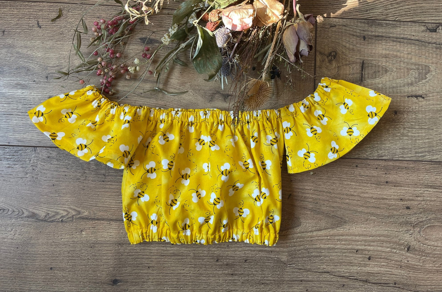 Infant Toddler Girls 2 Piece Yellow Bees Boho Style Outfit Bees Off the Shoulder Top Buffalo Check Bloomers Diaper Cover