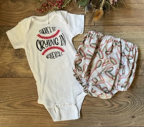 THERE'S NO CRYING IN BASEBALL Boys Funny Infant Baby Onesie Bodysuit with Baseball Diaper Cover Set