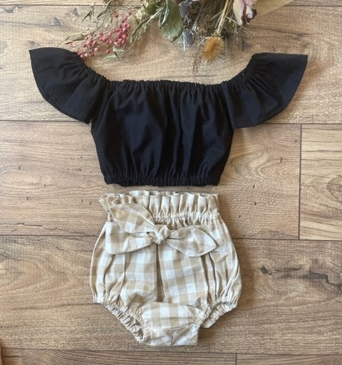 Infant Toddler Girls 2 Piece Boho Style Outfit Black Off the Shoulder Top & Tan Buffalo Check Bloomers Diaper Cover