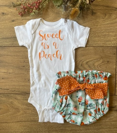 Girls SWEET AS A PEACH GREEN BUFFALO CHECK Boho Style Baby Onesie Bodysuit and Bloomer Diaper Cover Set