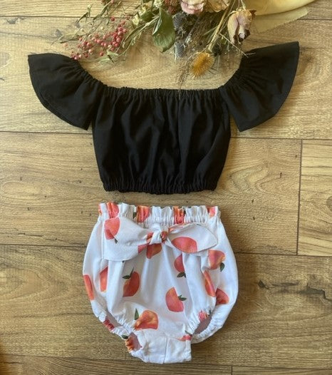 Infant Toddler Girls Peach 2 Piece Boho Style Outfit Black Off the Shoulder Top & Peach Bloomers Diaper Cover