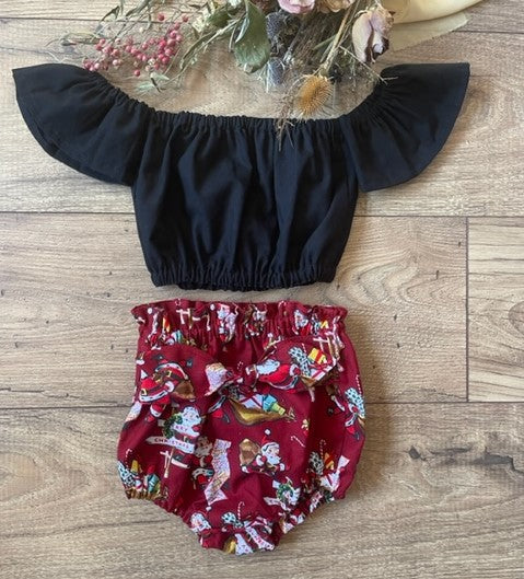 Infant Toddler Girls Christmas Holiday Santa 2 Piece Boho Style Outfit Black Off the Shoulder Top & Vintage Santa Bloomers Diaper Cover