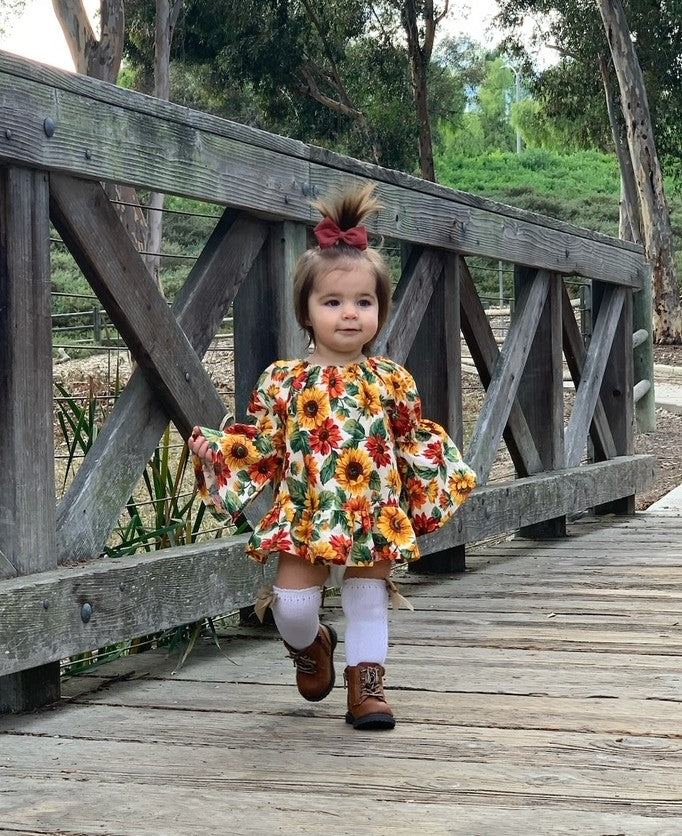 Girls Peasant Boho Style Sunflower Floral Dress with long sleeves DDSewHappy Girls Peasant Boho Style Sunflower Floral Dress with long sleeves DDSewHappy