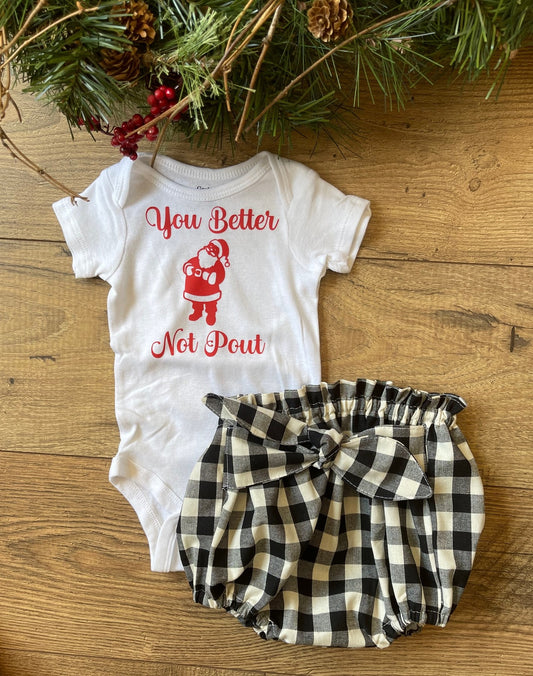 Infant Girls Boho Style Baby Christmas Holiday Santa YOU BETTER NOT POUT Onesie Bodysuit and Black Buffalo Check Bloomer Diaper Cover Set