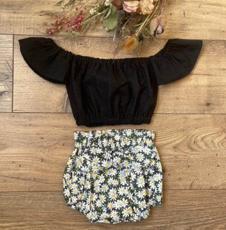 Infant Toddler Girls DAISY 2 Piece Boho Style Outfit Black Off the Shoulder Top & Daisies Bloomers Diaper Cover
