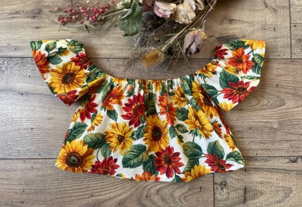 Girls Infant Toddler 2 Piece Floral Sunflowers Boho Style Outfit Off the Shoulder Top Green Bloomers Diaper Cover