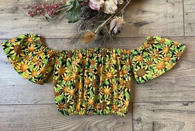 Girls Infant Toddler SUNFLOWERS Boho Style Off the Shoulder Top with flutter short sleeves