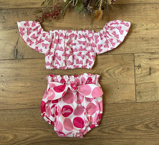 Girls Boho Clothing 2 Piece BARBIE PINK Outfit Off the Shoulder Top BARBIE Bloomers Diaper Cover