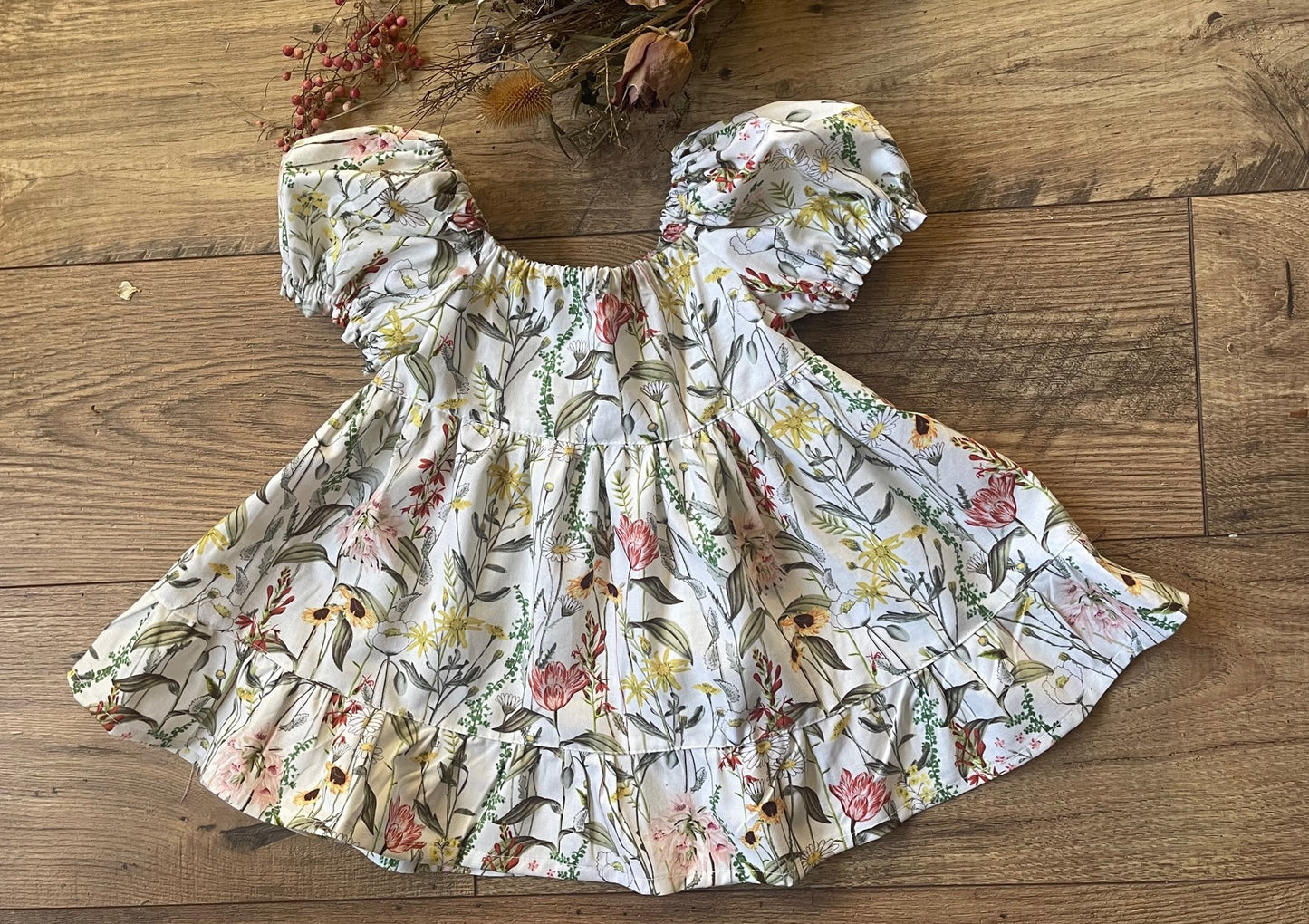 Girls Infant Toddler Peasant Boho Style Wildflowers Pastel Floral Dress with puff sleeves with 2 tier ruffle bottom hem ruffle