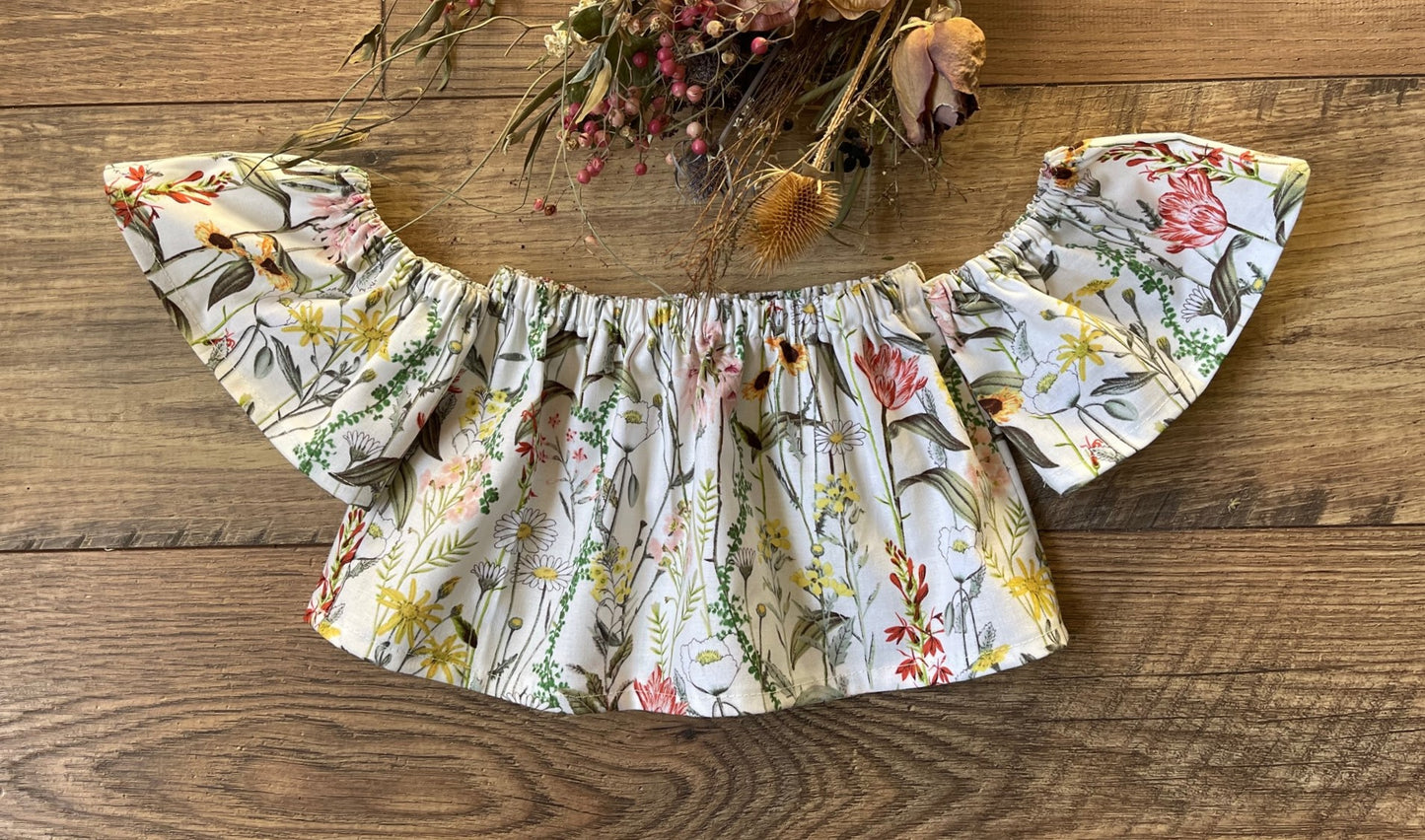 Girls Infant Toddler Floral Wildflowers Boho Style Off the Shoulder Top with flutter short sleeves