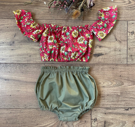 Girls Infant Toddler 2 Piece Floral Sunflowers Red Boho Style Outfit Off the Shoulder Top Green Bloomers Diaper Cover