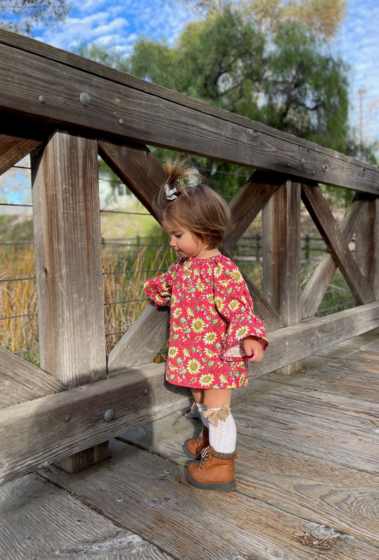 Girls Peasant Boho Style Red Sunflower Floral Bees Dress