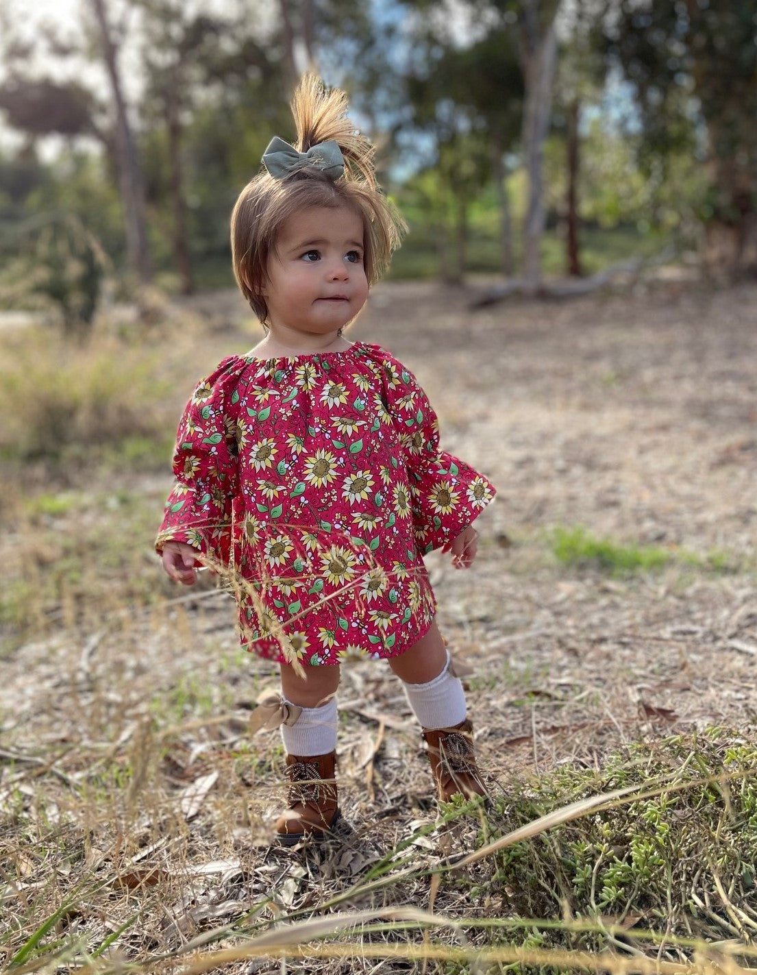 Girls Peasant Boho Style Red Sunflower Floral Bees Dress