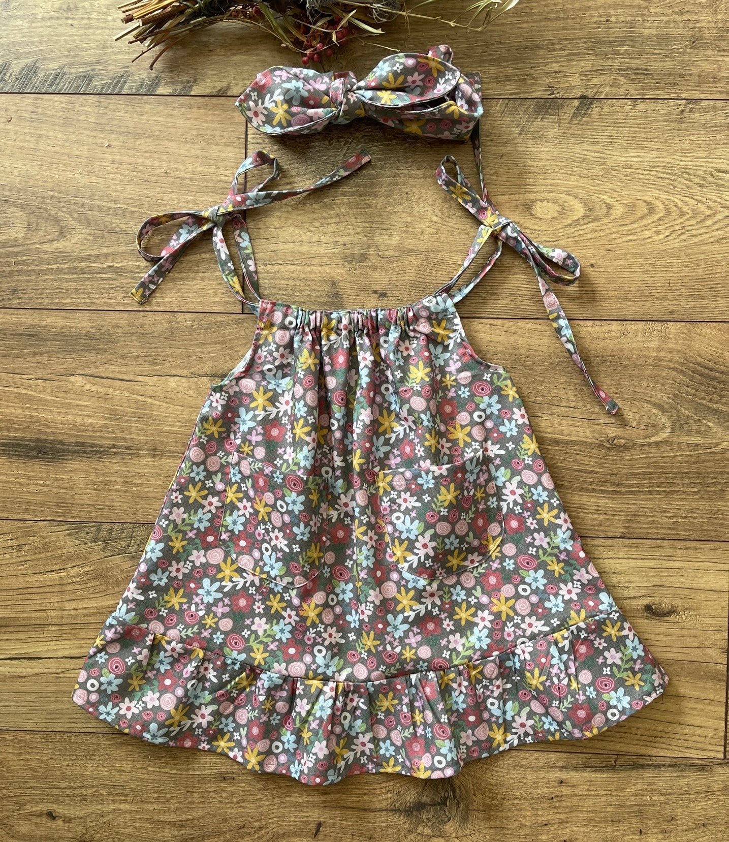 Girls Infant Toddler Floral Boho Sundress Pillowcase Style with Pockets and bottom ruffle