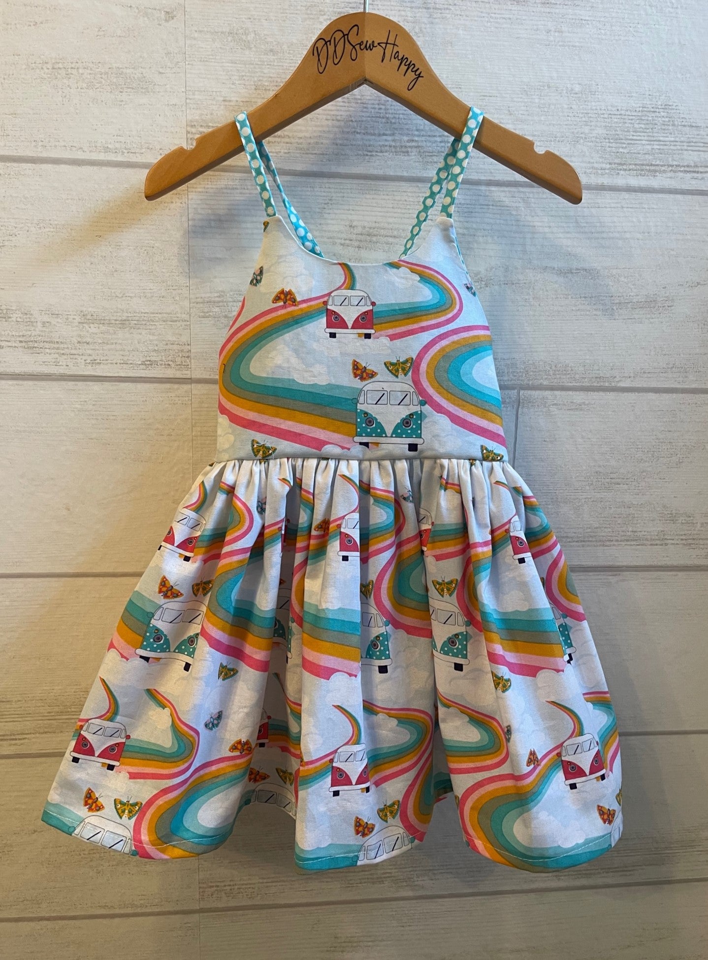 Girls Infant Toddler VW VAN Groovy Rainbow Street & Butterflies Boho Sundress Dress tie back style