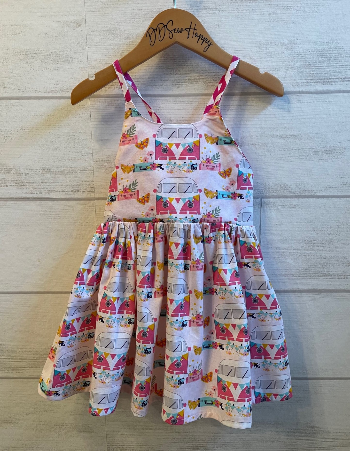 Girls Infant Toddler VW VAN Vacation & Butterflies Boho Sundress Pink Dress tie back style