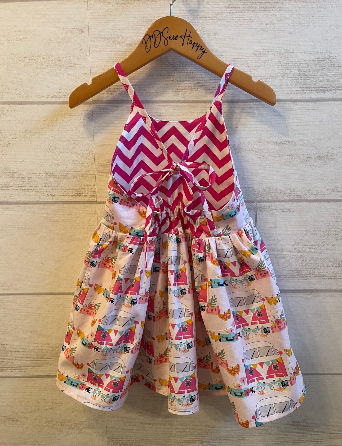 Girls Infant Toddler VW VAN Vacation & Butterflies Boho Sundress Pink Dress tie back style