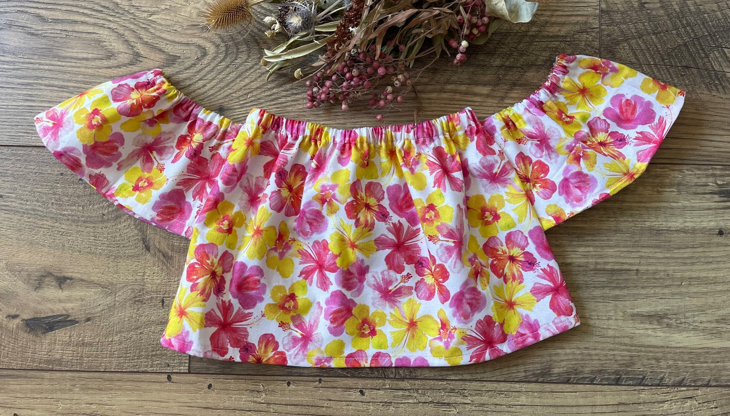 Girls Infant Toddler Boho Style Off the Shoulder HAWAIIAN HIBISCUS Top