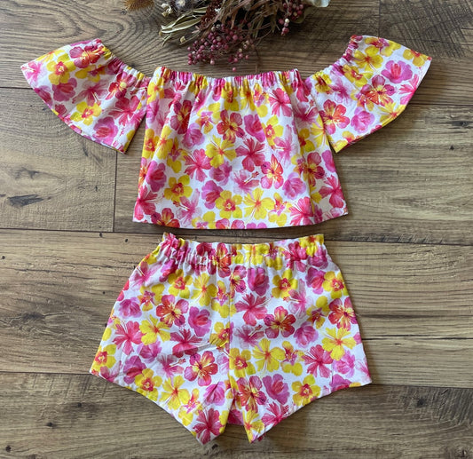 Girls Infant Toddler HAWAIIAN HIBISCUS Boho Clothing 2 piece outfit Off the Shoulder Top with Shorts