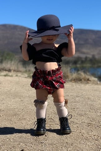 Girls Infant Toddler 2 Piece Plaid Boho Style Outfit Black Off the Shoulder Top Red Plaid Bloomers Diaper Cover