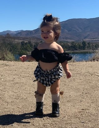 Girls Infant Toddler 2 Piece Buffalo Check Boho Style Outfit Black Off the Shoulder Top Buffalo Check Bloomers Diaper Cover