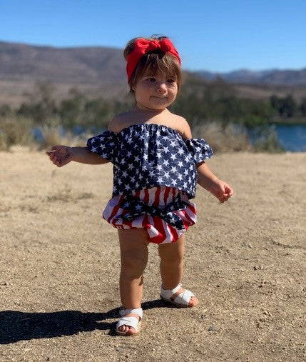 Infant Toddler Girls 2 Piece Patriotic USA Red White & Blue Boho Style Outfit Off the Shoulder Top and Red White Striped Bloomers Diaper Cover