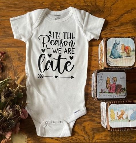 I'M THE REASON WE ARE LATE Funny Boys & Girls Infant Baby Onesie Bodysuit Outfit, Baby Shower Gift