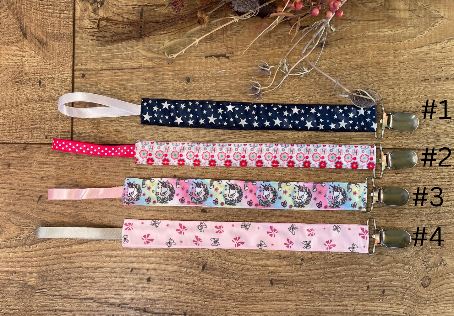 Pacifier Clips Teether Toy Leash, Unicorn, Floral, Stars, Bows