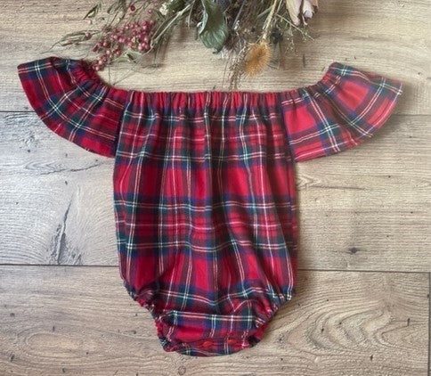 Infant & Toddler Girl's Red Plaid Soft Flannel Off the Shoulder Boho Style One Piece Romper