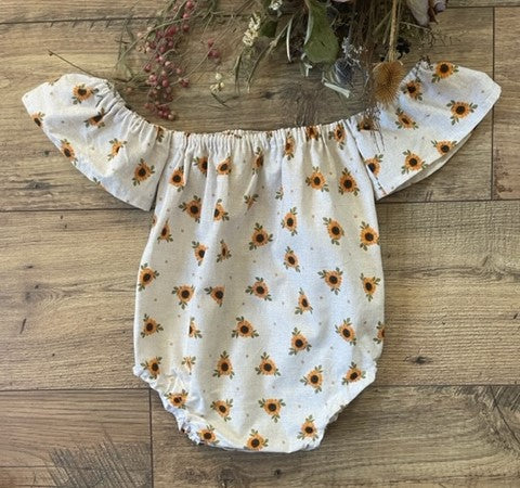 Infant & Toddler Girl's Sunflowers Floral Natural Off the Shoulder Boho Style One Piece Romper