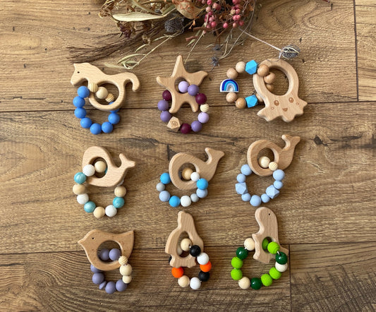 Wood Teethers with Silicone Beads Sensory Toys, Seahorse, Starfish, Octopus, Whales, Bird, Penguin & Dinosaur