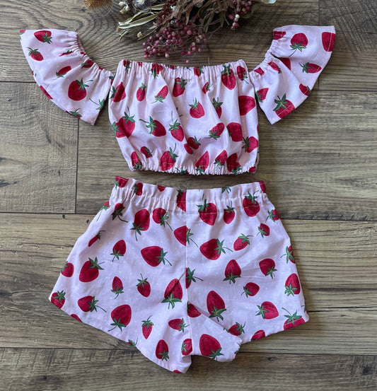 Girls Infant Toddler STRAWBERRIES Boho Clothing 2 piece outfit Off the Shoulder Top with Shorts