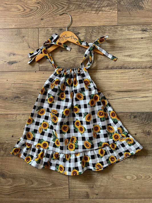 Girls Infant Toddler Boho Sunflowers Buffalo Check Sundress Pillowcase Style with bottom ruffle