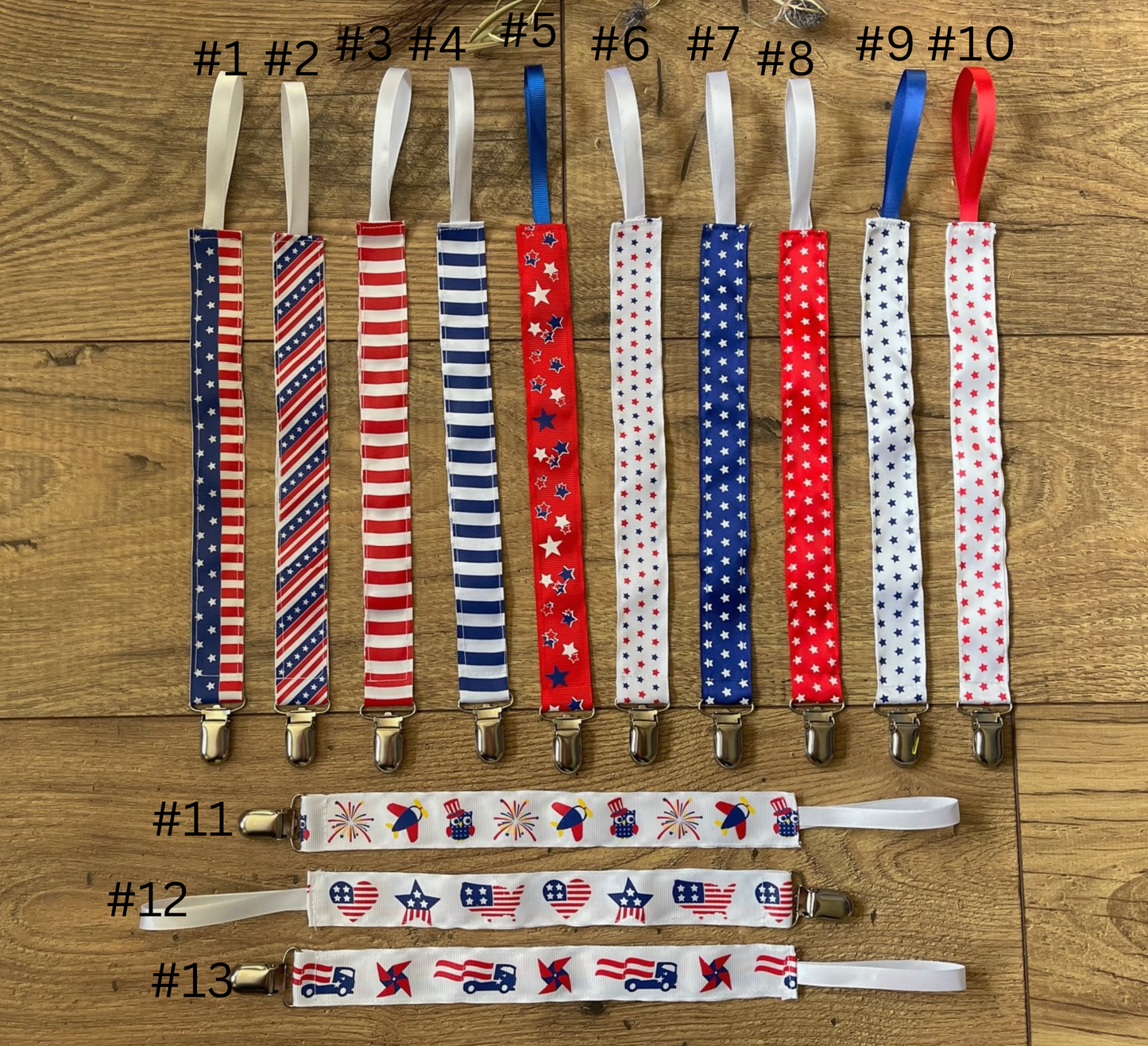 USA Flag Patriot Stars & Stripes Red White & Blue Pacifier Clips Teether Toy Leash