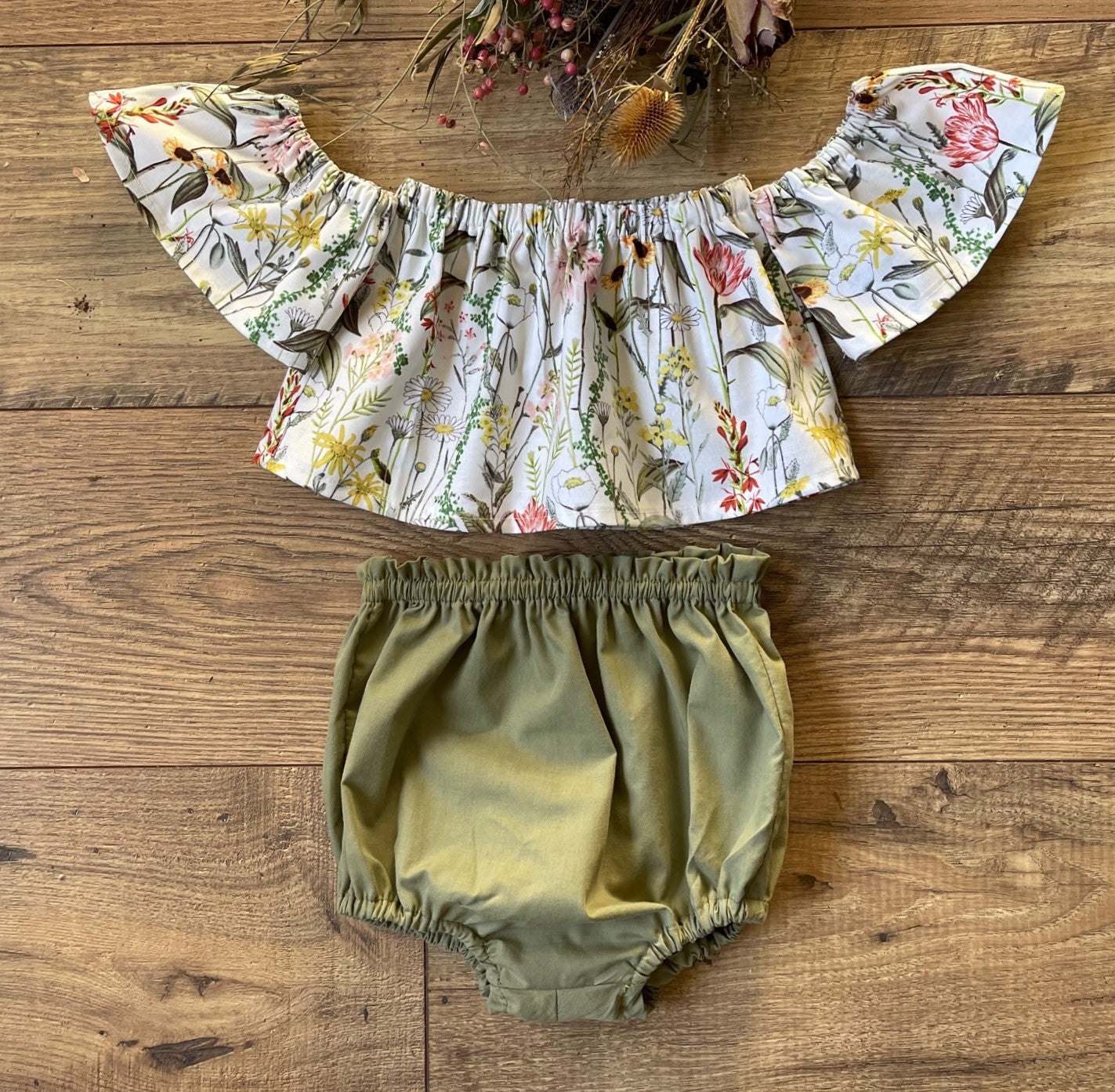Girls Infant Toddler 2 Piece Floral Wildflowers Boho Style Outfit Off the Shoulder Top Green Bloomers Diaper Cover