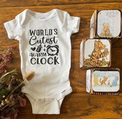 WORLD'S CUTEST ALARM CLOCK Funny Boys & Girls Infant Baby Onesie Bodysuit Outfit, Baby Shower Gift