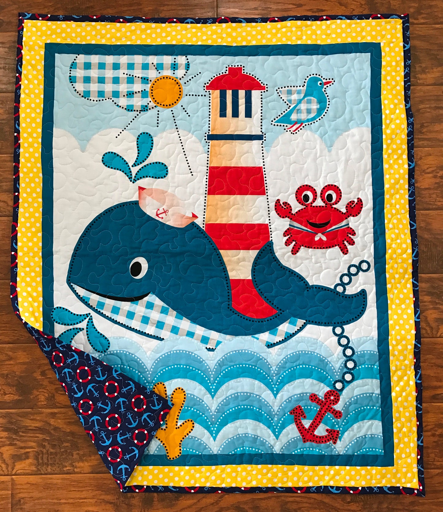 Nautical Whale of a Tale Baby Child Quilted Blanket Lighthouse, Whale, Sea Crab Nursery Bedding