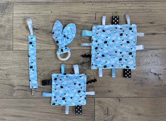 Blue Sheep Lamb Baby Sensory Crinkle Toy with Ribbons, Pacifier Clip & Teether