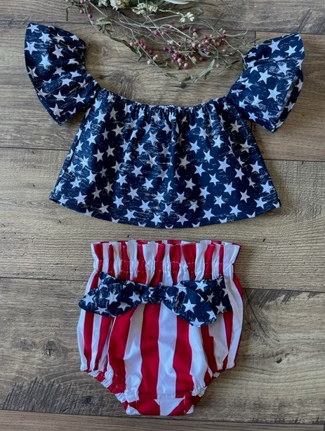 Infant Toddler Girls 2 Piece Patriotic USA Red White & Blue Boho Style Outfit Off the Shoulder Top and Red White Striped Bloomers Diaper Cover