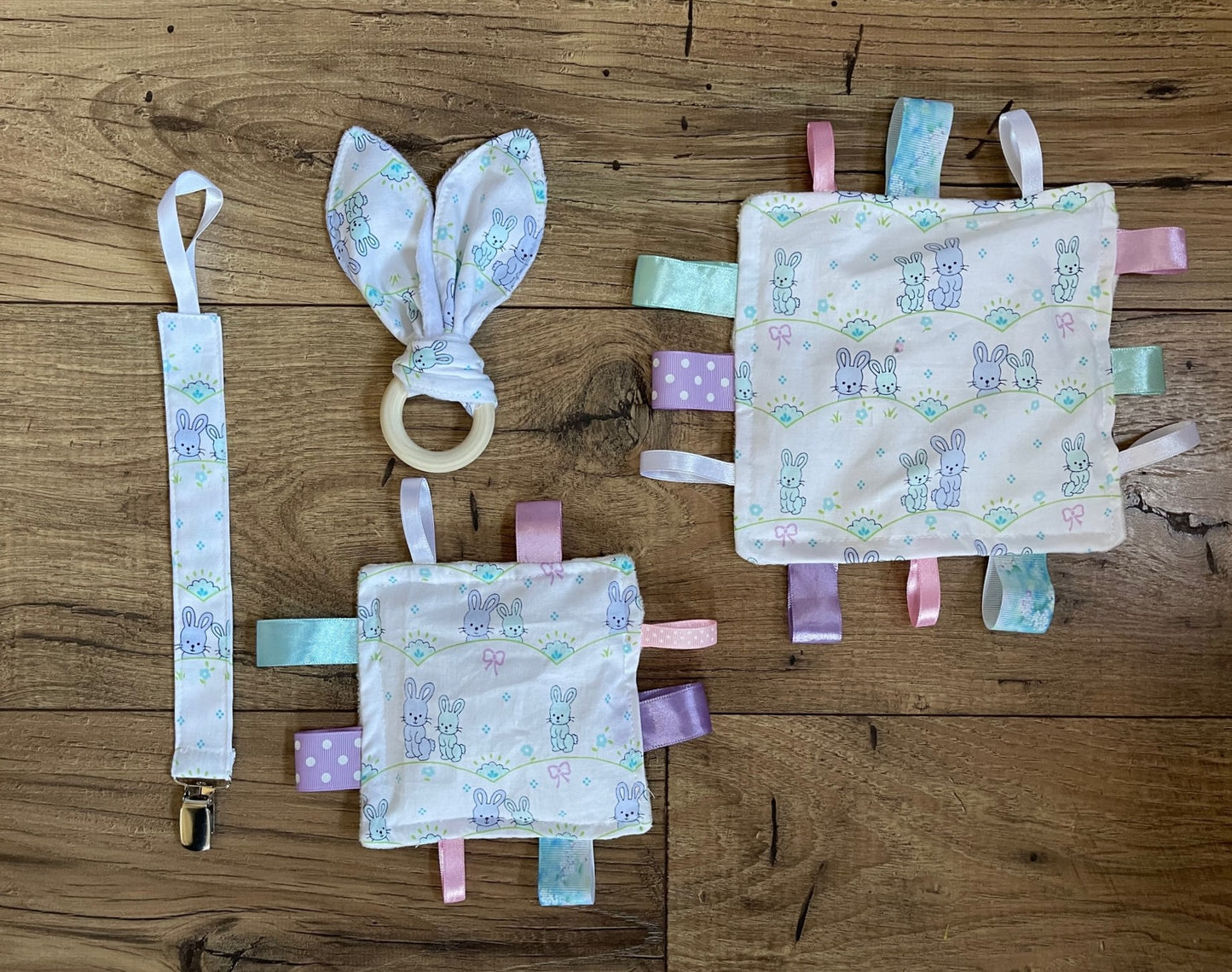 Pastel Bunny Rabbits Baby Sensory Crinkle Toy with Ribbons, Pacifier Clip & Teether