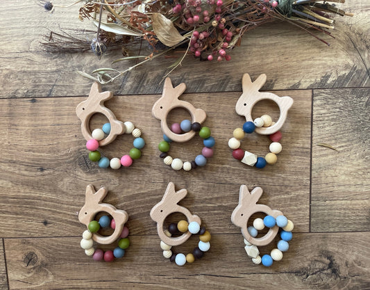 Baby Teethers Sensory Bunny Rabbits Wooden Characters Silicone Beads