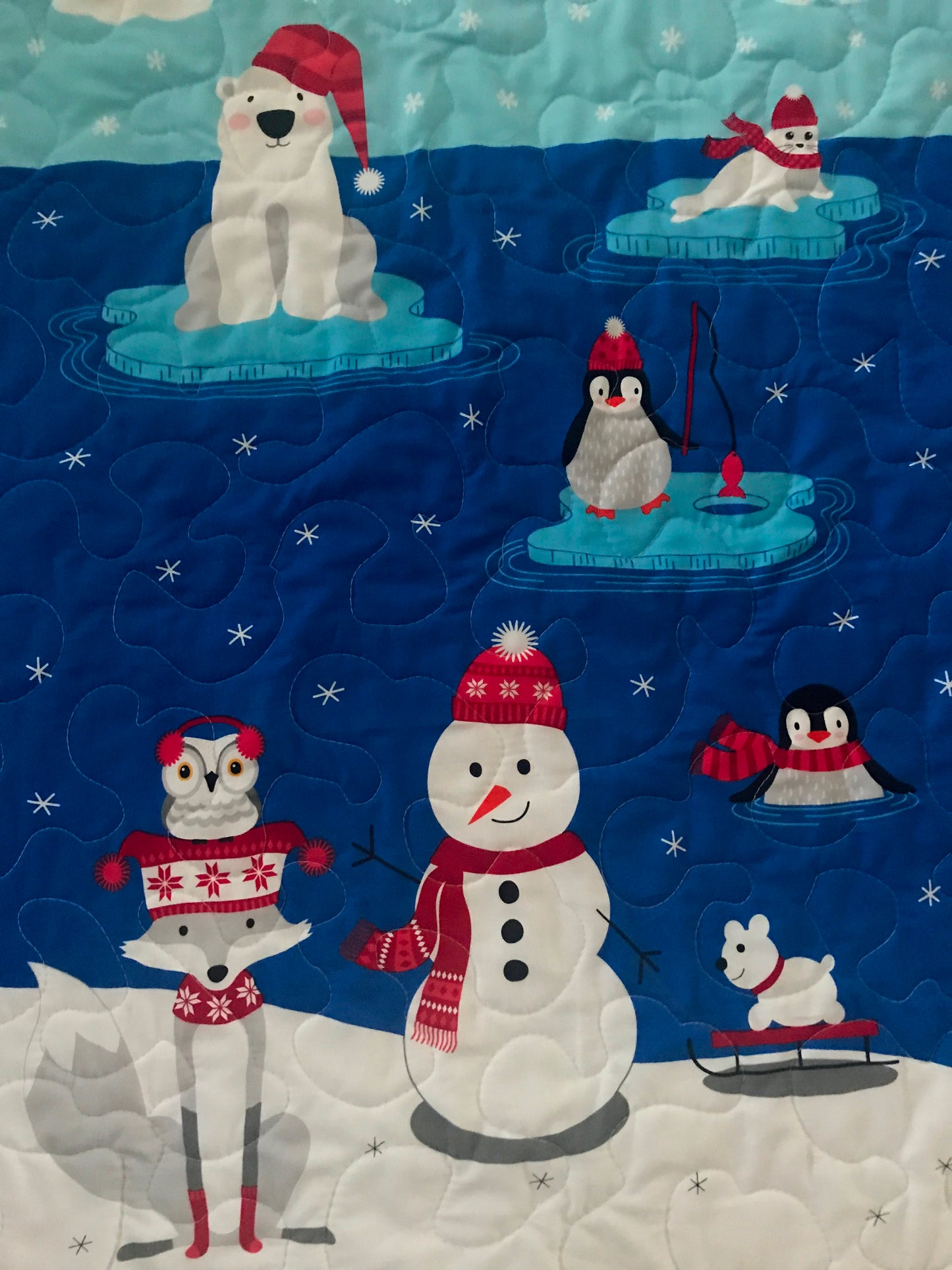 Winter Artic Friends Baby Child Quilted Blanket Polar Bear, Penguins, Snowman, Fox Owl Baby Nursery Gender Neutral Bedding