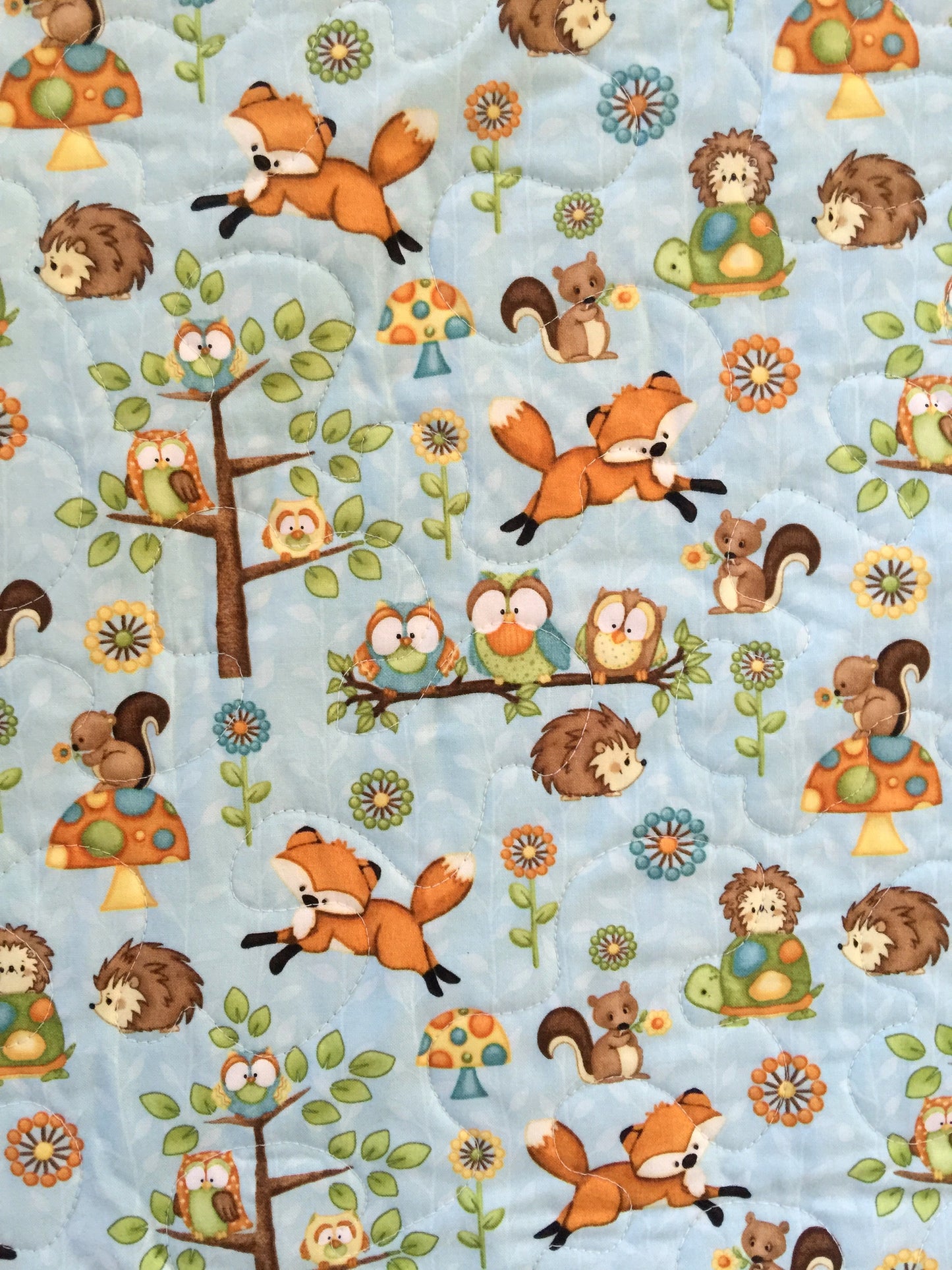 NATURE OWLS FOX SQUIRRELS PORCUPINES Green, Orange Quilted Blanket Nursery Child Toddler Bedding to Adult Lap Blanket