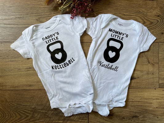 MOMMY'S LITTLE KETTLEBELL or DADDY'S LITTLE KETTLEBELL Crossfit Gym Boys and Girls Infant Baby Onesie