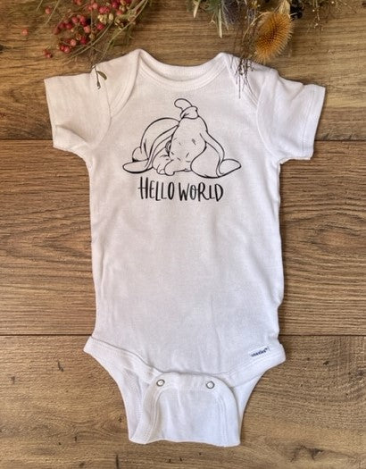 DUMBO HELLO WORLD Boys & Girls Infant Baby Onesie Bodysuit Outfit, Baby Shower Gift