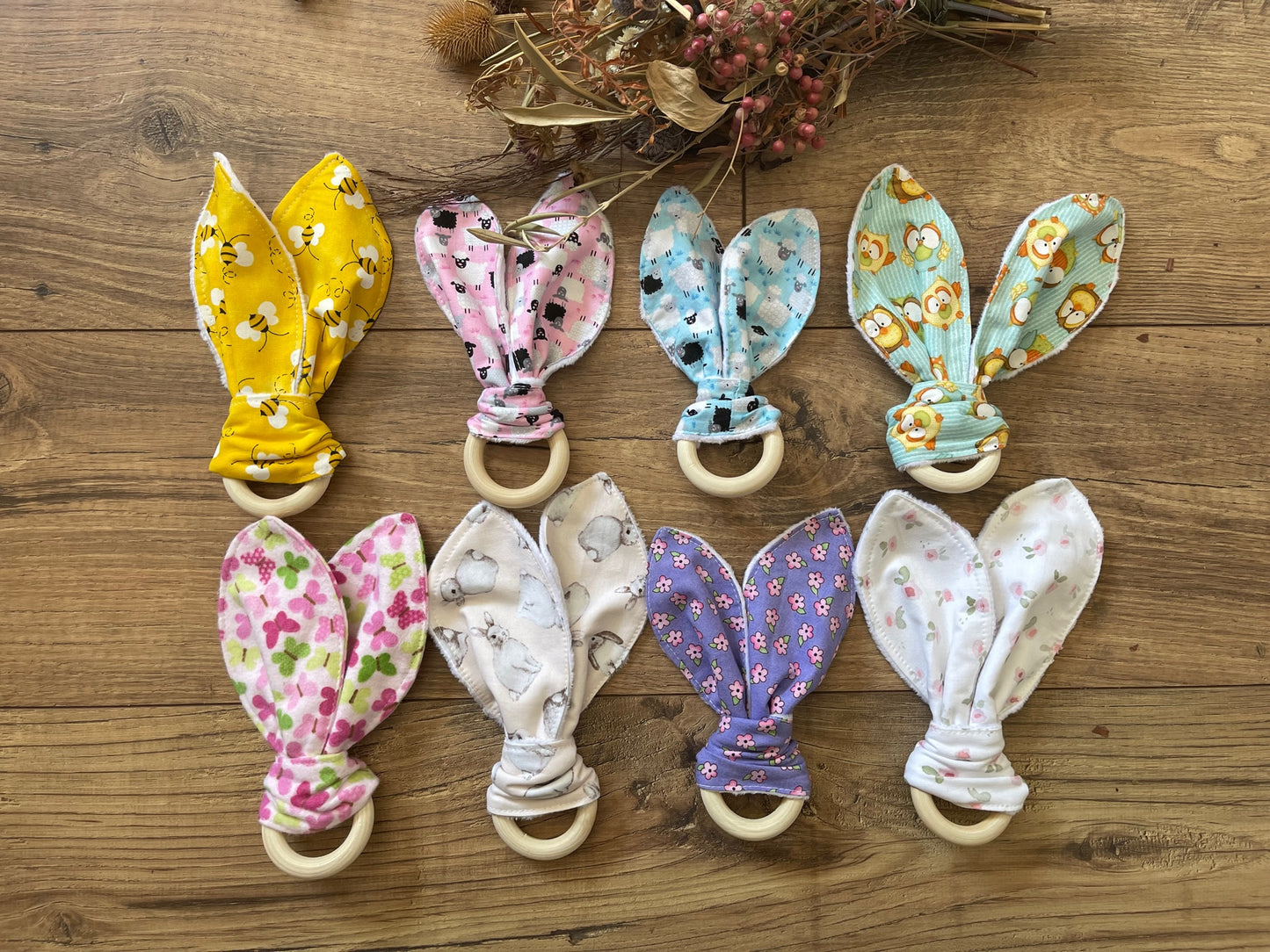 Baby Wood Ring Teether Sensory Toy with Bunny Ear Styles Fabric