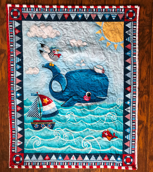 Nautical Whale of a Time Baby Child Quilted Blanket Whale, Sailboat, Seagull Nursery Bedding