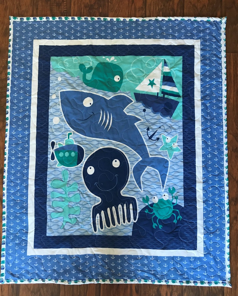 Nautical Sea Water Friends, Shark, Octopus, Crab, Anchors Baby Child Quilted Blanket Nursery Bedding
