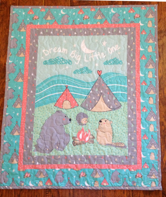 DREAM BIG LITTLE ONE FOREST ANIMALS CAMPING Boho Quilted Blanket 