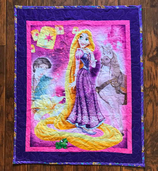 RAPUNZEL TANGLED Inspired Baby Child Quilted Blanket Baby Nursery Child Toddler Bedding with shimmery glitter backing